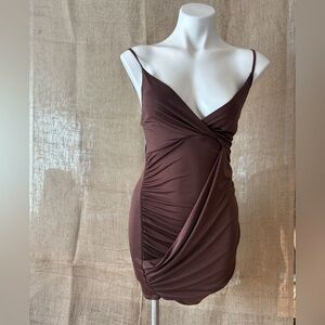 Elegant Brown Draped Mini Dress